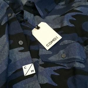 COMO Man CARGO Cotton Button front SHIRT jacket layer CAMOUFLAGE BLUE MENS NEW M